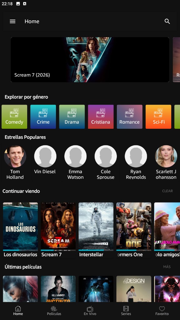 Cuevana 3 Pro en Android: inicio con hero, géneros, continuar viendo y últimas películas
